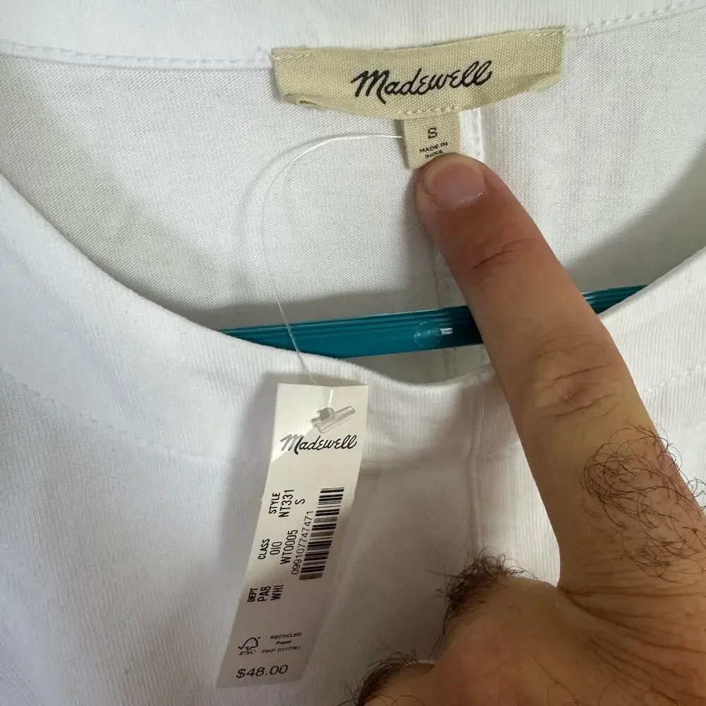 Madewell Puff-Sleeve Tee Womens S White Crew Neck Cotton Relaxed Fit Ruffle Trim